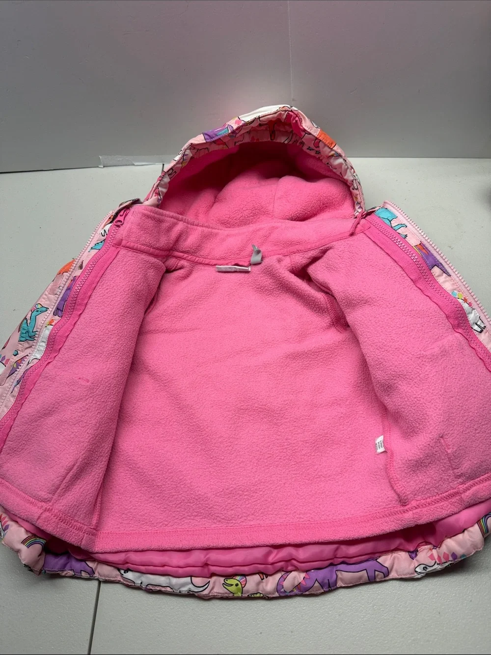 The Children's Place Pink Hooded Puffer Jacket with Colorful Dino Print. Size 3T